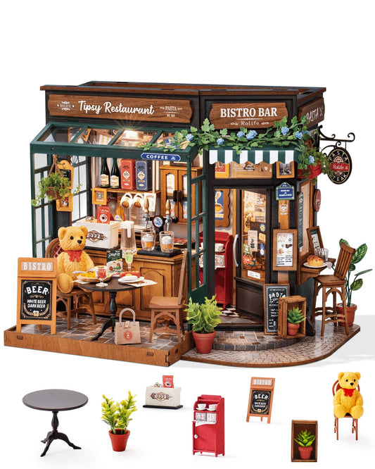 ROBOTIME Tipsy Restaurant kit cover showcases warm lighting and natural wood vibes