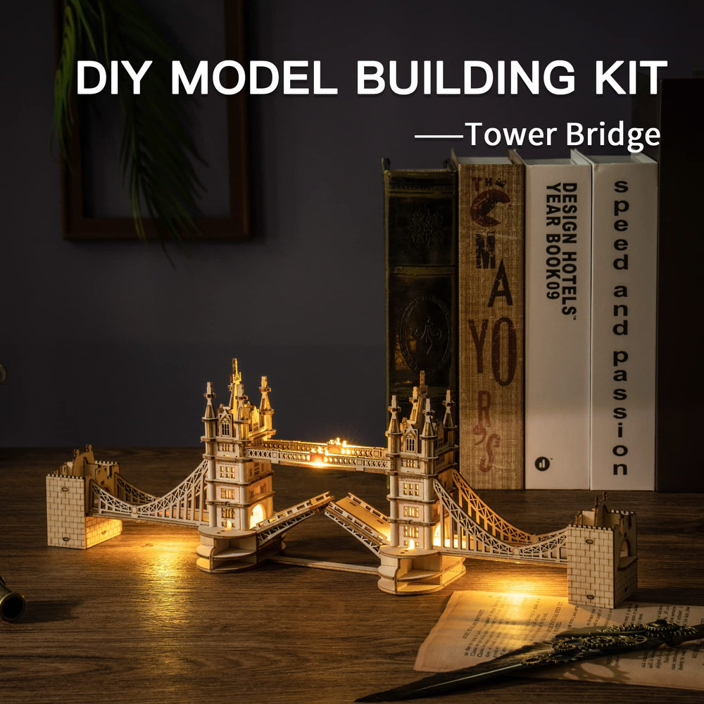 Robotime Tower Bridge assembly-parts laid out for easy building
