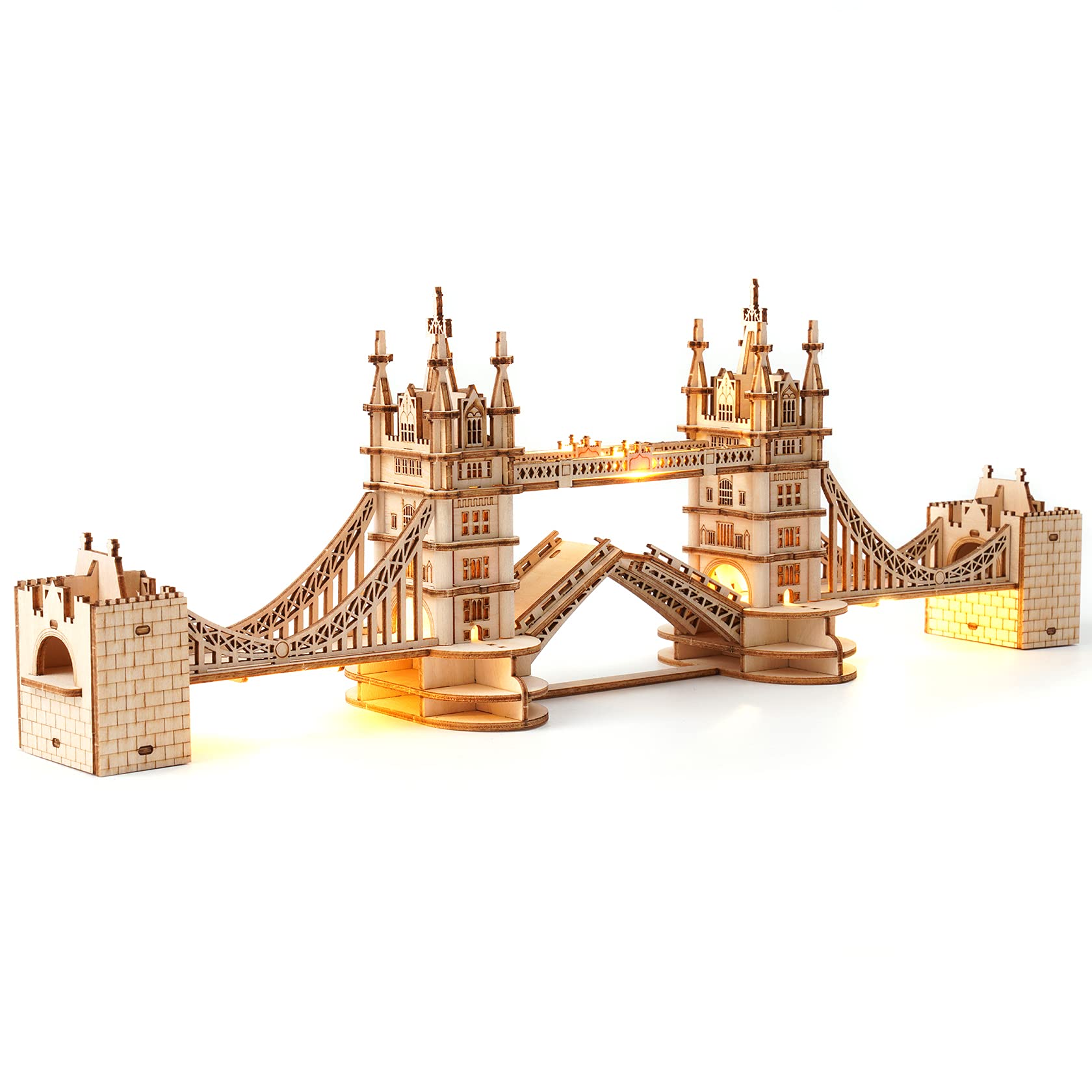 Robotime Tower Bridge kit with LED close-up showing precise laser-cut pieces for display