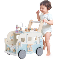 Robotime Vacation Bus Walker front view showing sturdy wooden frame for safe early walking