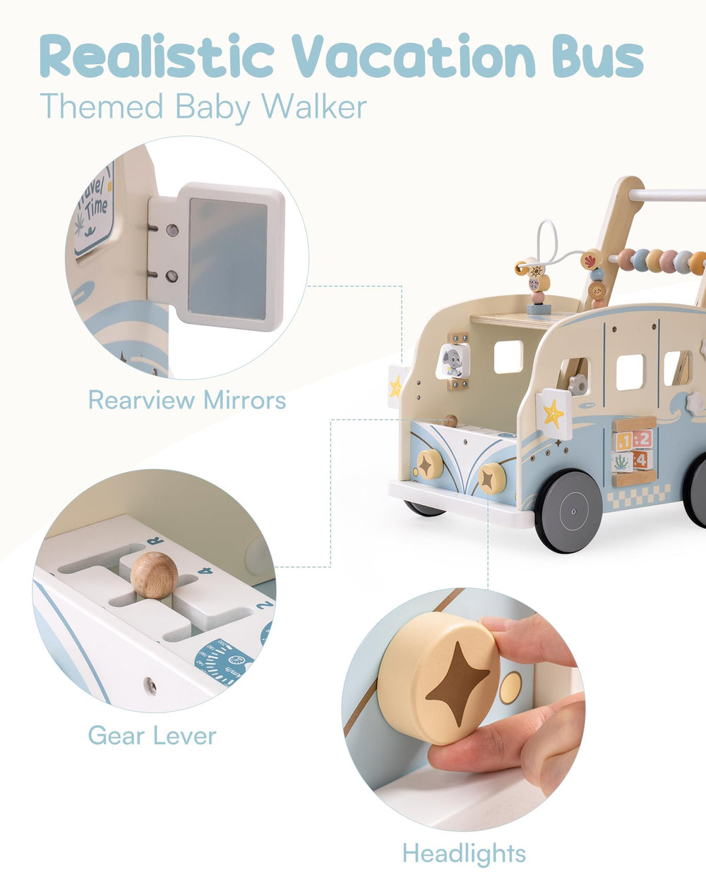 Robotime Vacation Bus Walker gear lever close-up invites pretend driving and fine motor exploration