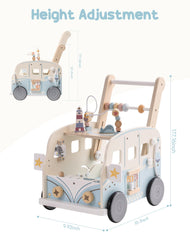 Robotime Vacation Bus Walker natural wood finish provides a warm, durable play surface