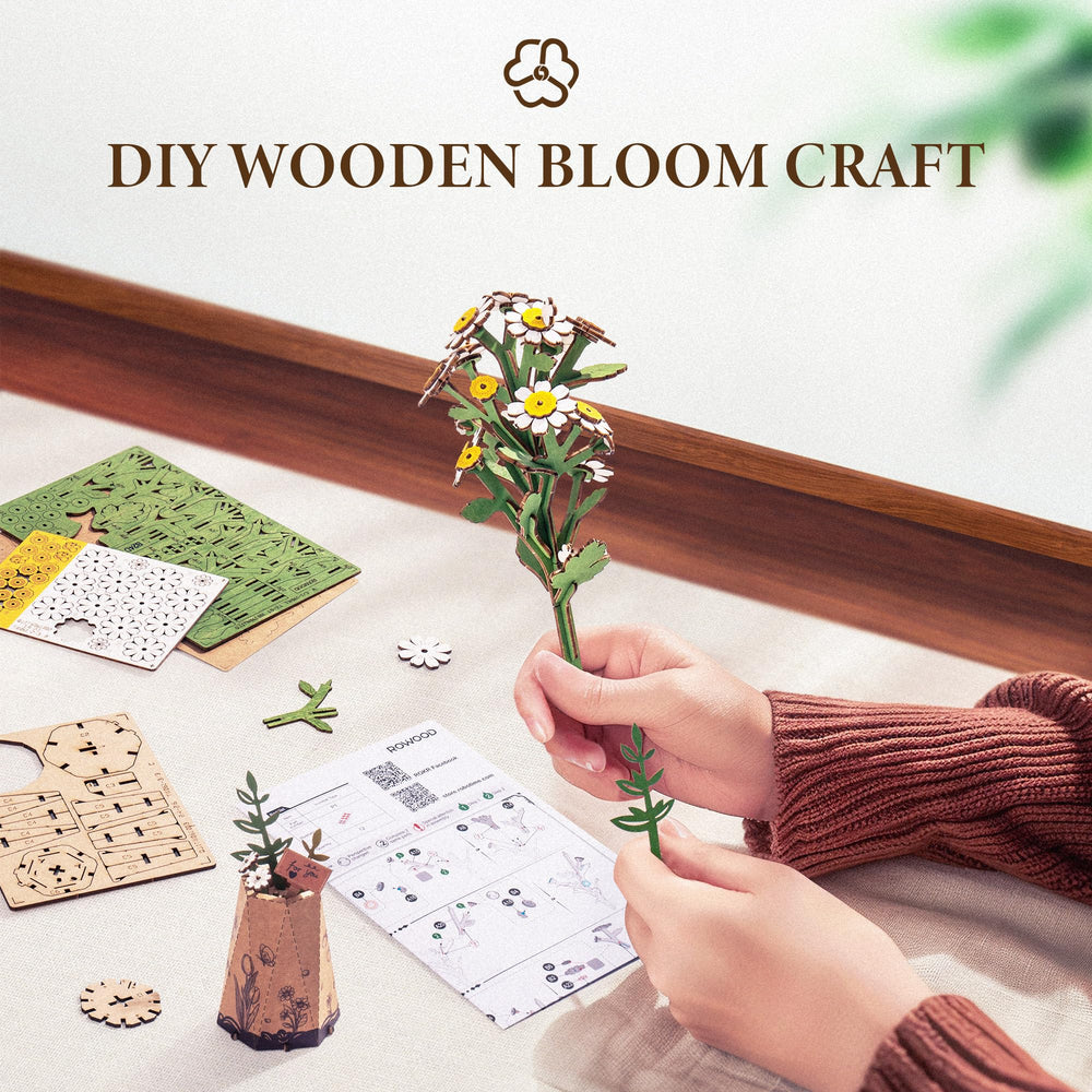 ROBOTIME wooden chamomile flower and leaves for a premium, display-ready bouquet.