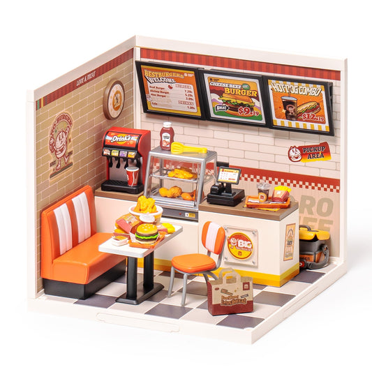 Robotime Yum Yum Burgers interior counter scene for a realistic diner display