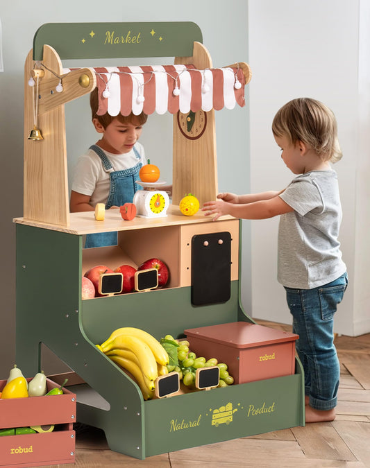 ROBUD grocery store with wooden stand and lights sparks immersive pretend play.