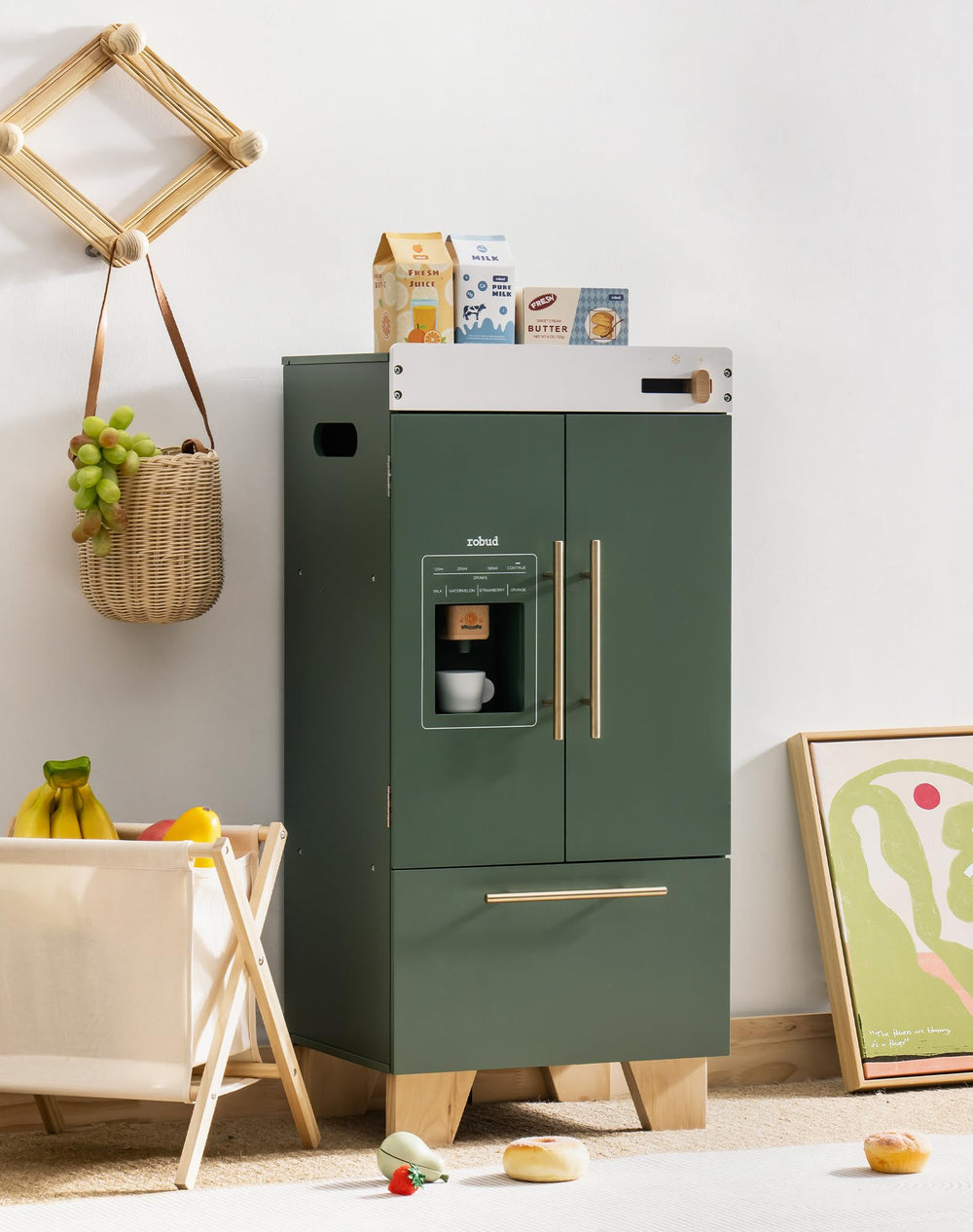 ROBUD vintage green fridge with double doors for imaginative pretend play and durable wood.
