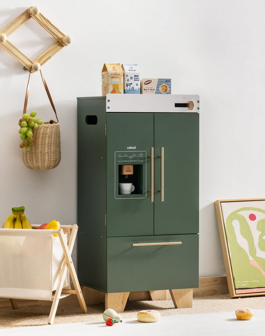 ROBUD vintage green fridge with double doors for imaginative pretend play and durable wood.