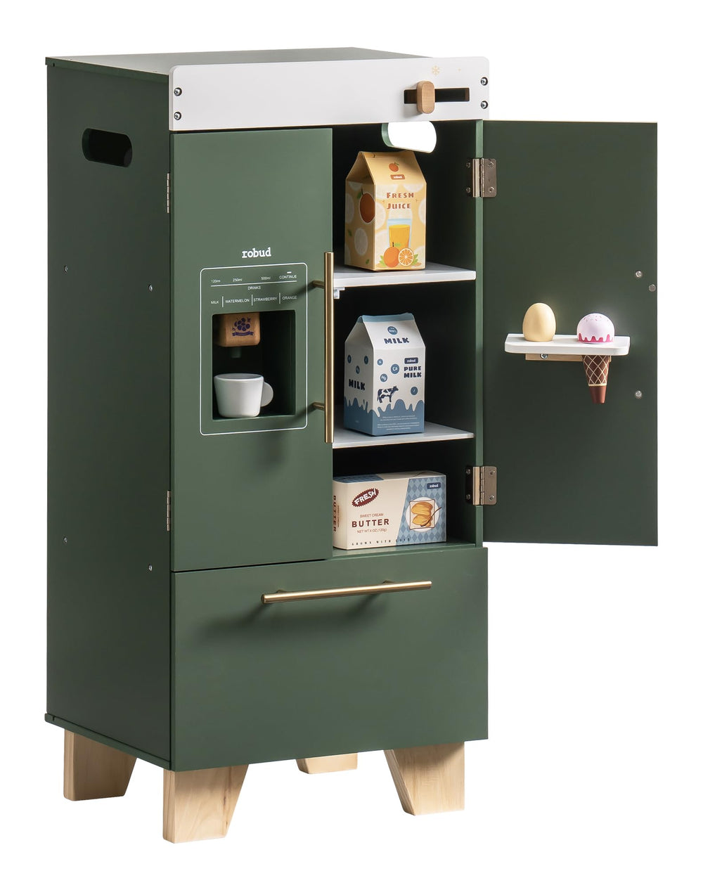ROBUD vintage green fridge interior drawer opens for realistic role-play storage.