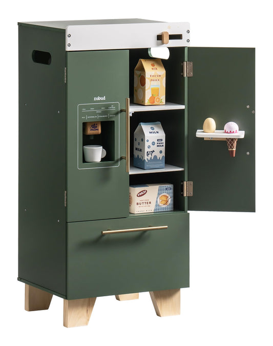 ROBUD vintage green fridge interior drawer opens for realistic role-play storage.