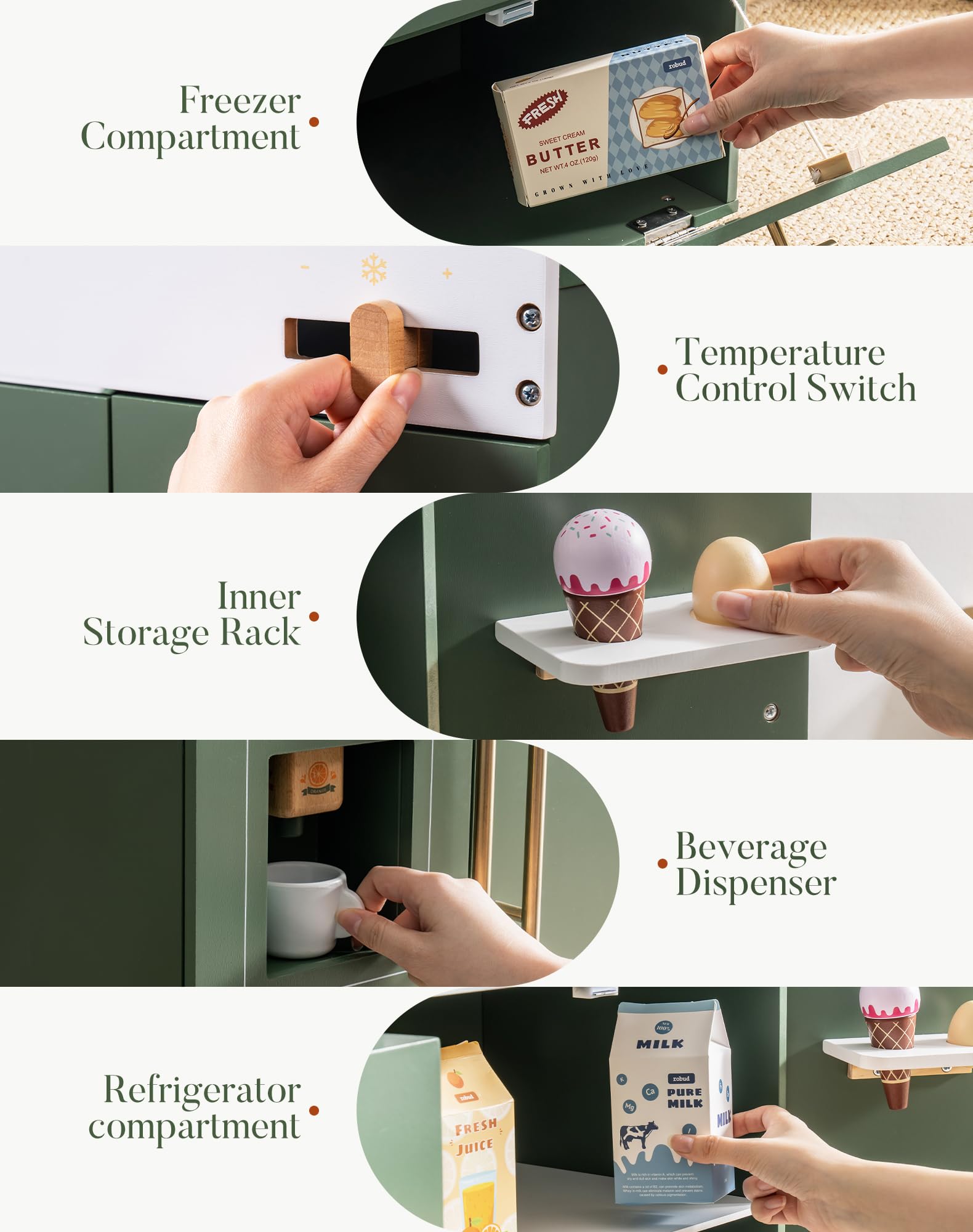 ROBUD vintage-green kitchen refrigerator adds a charming decor touch.