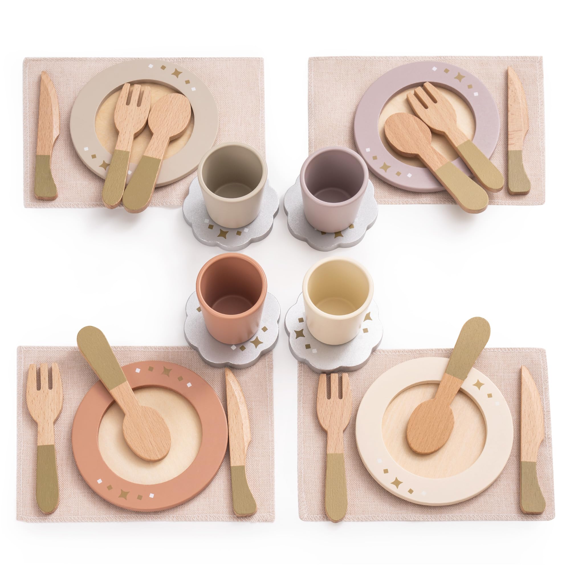 ROBUD wooden play dishes set collection for group pretend play and sharing.