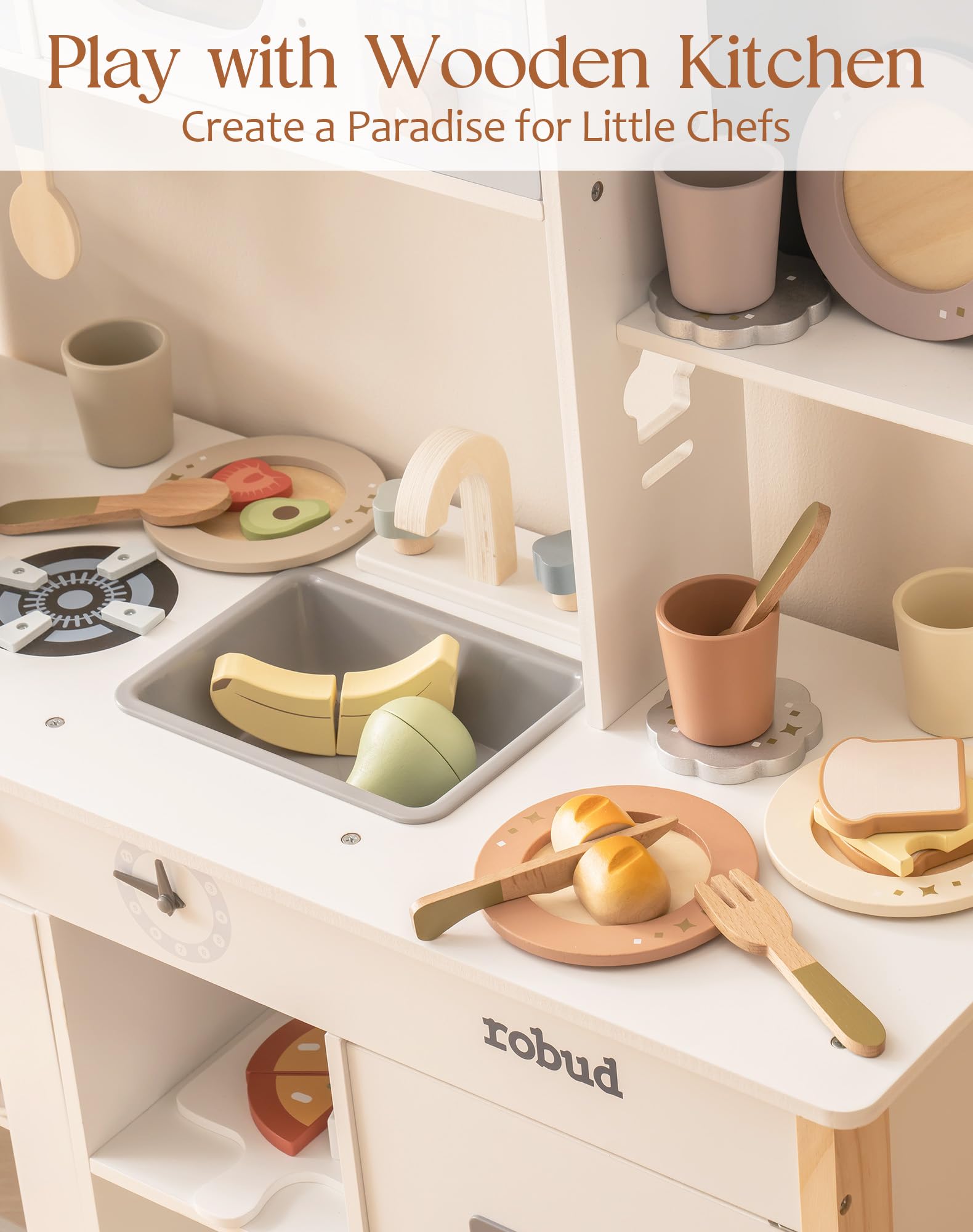 ROBUD wooden play dishes set cups ideal for tea parties and role play.