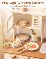 ROBUD wooden play dishes set utensils support motor skills during pretend cooking.