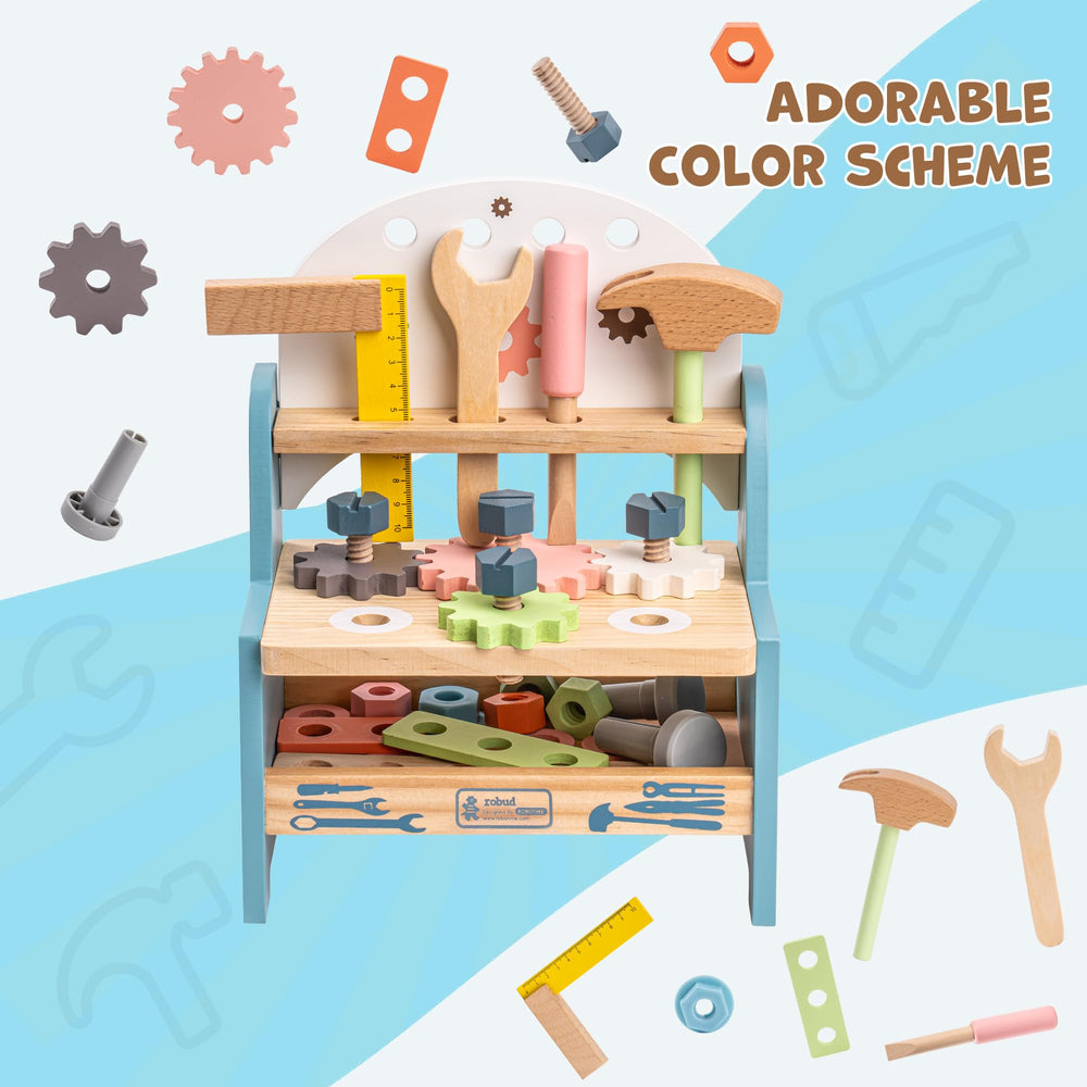 ROBUD wooden workbench with smooth edges promotes safe, creative pretend play