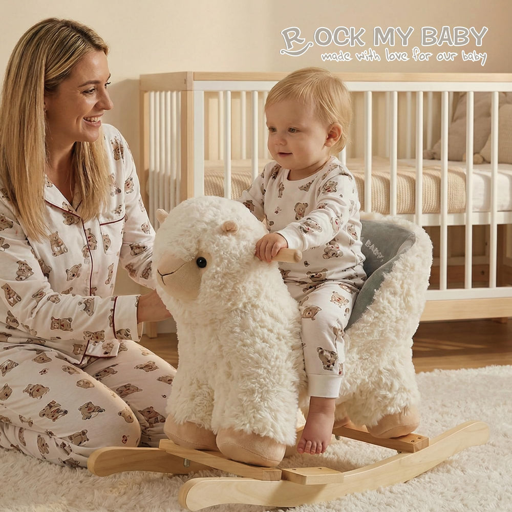 Rock My Baby cream alpaca plush rocker for comforting play