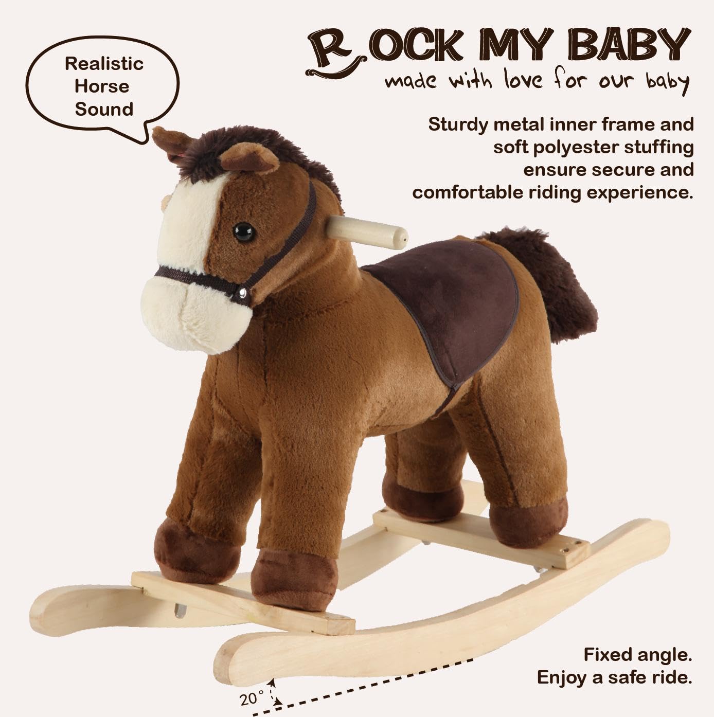 Rock My Baby rocking horse soft velvet body offers cozy tactile play.