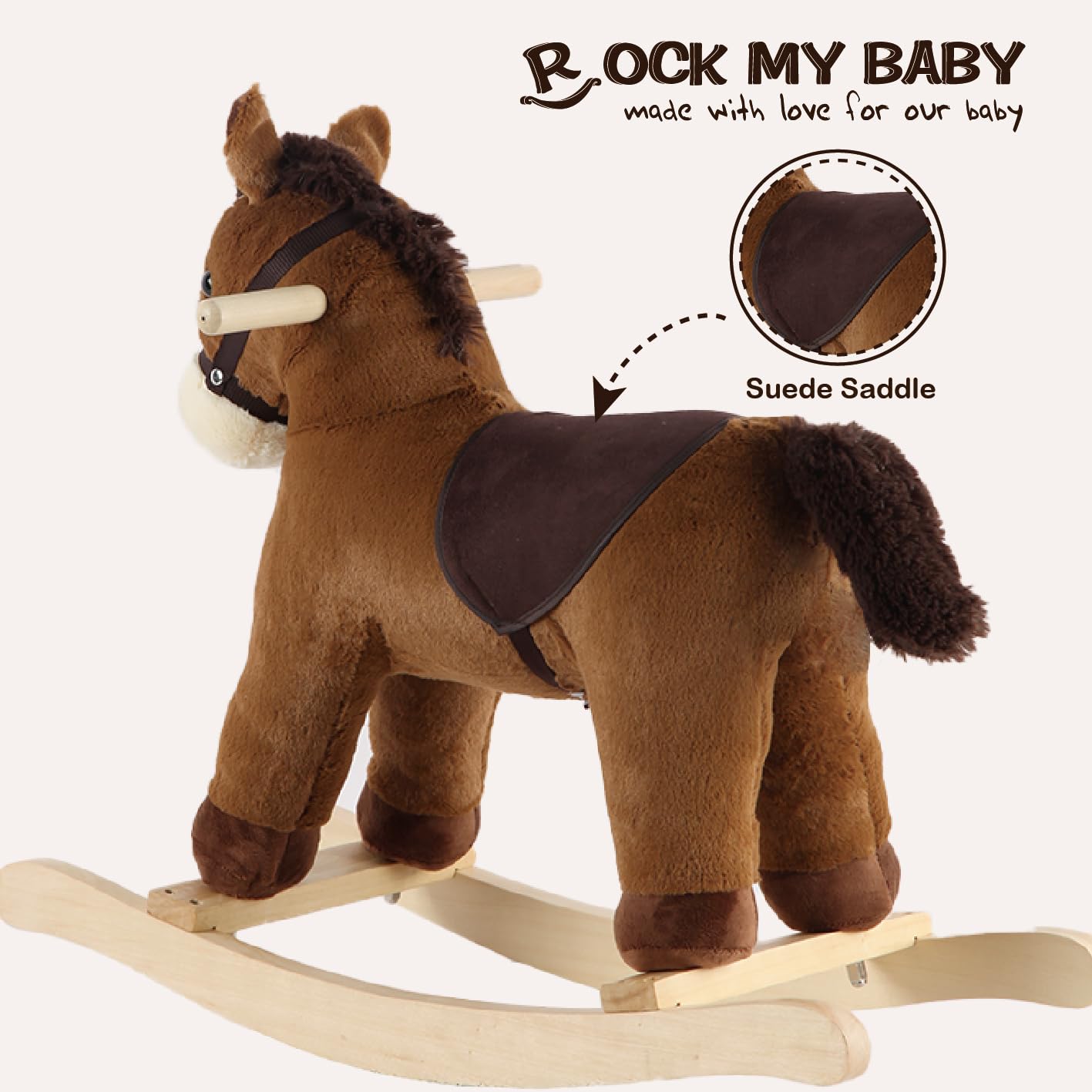 Rock My Baby rocking horse suede saddle provides ergonomic rider support.