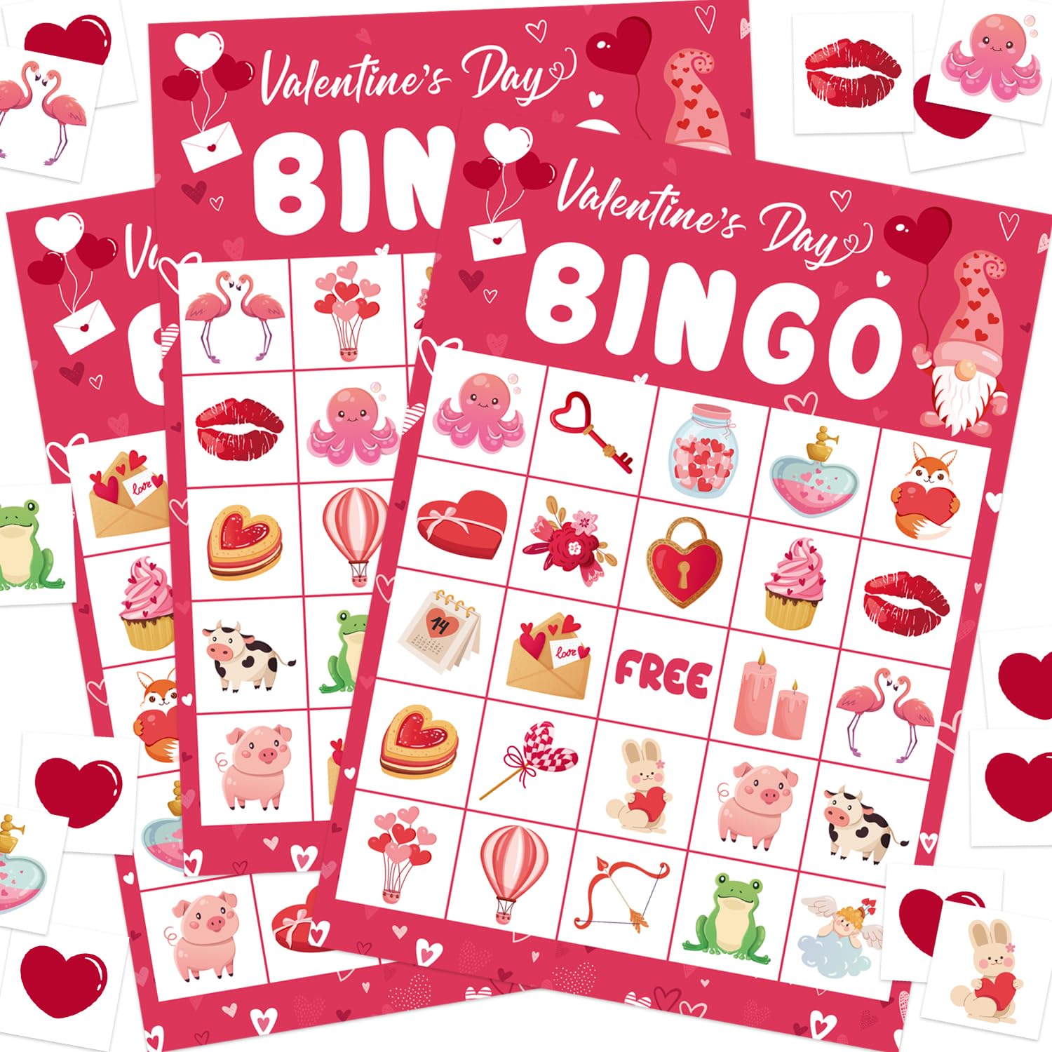 ROCWOHO Valentines bingo card 24-player set for lively family or classroom play.