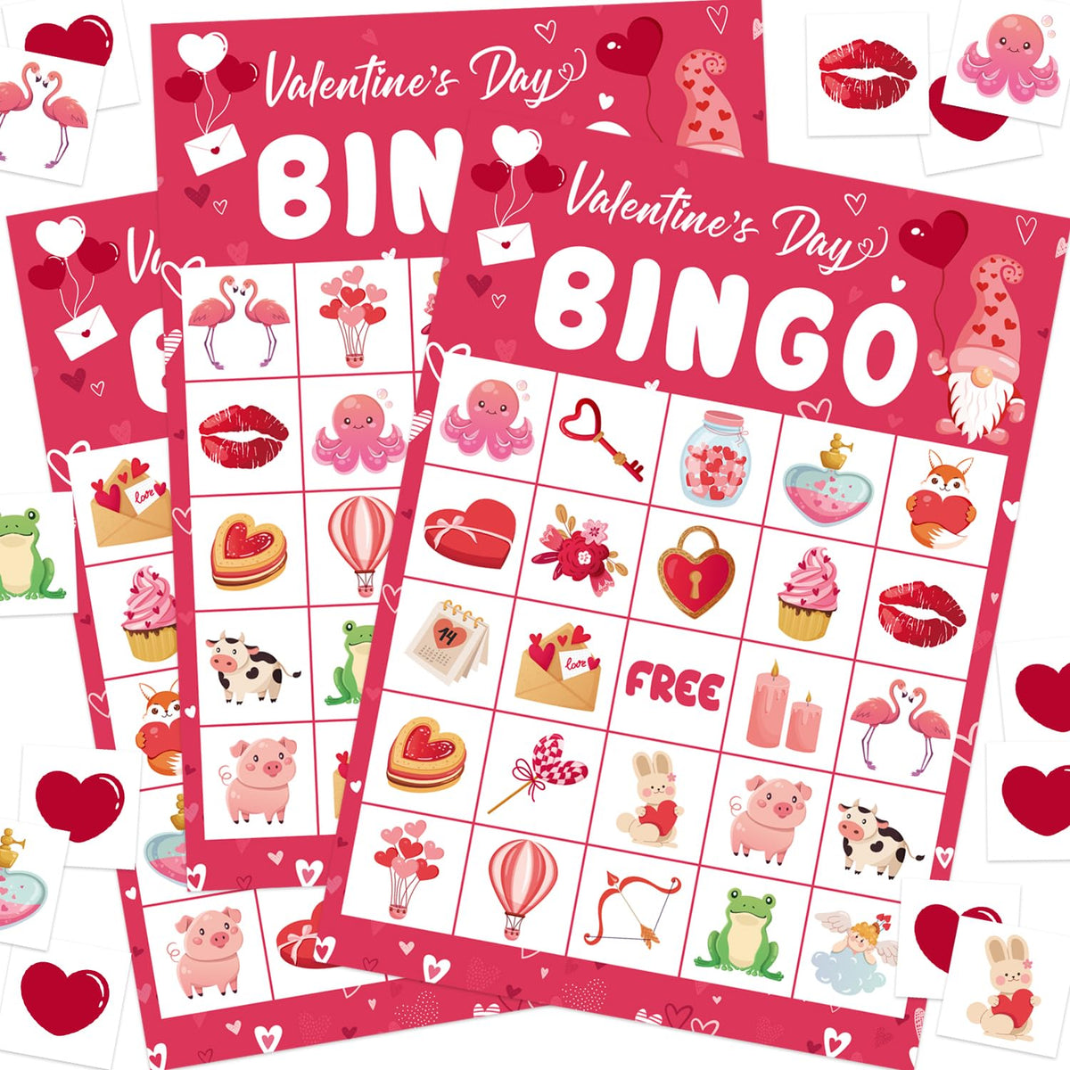 ROCWOHO Valentines bingo card 24-player set for lively family or classroom play.