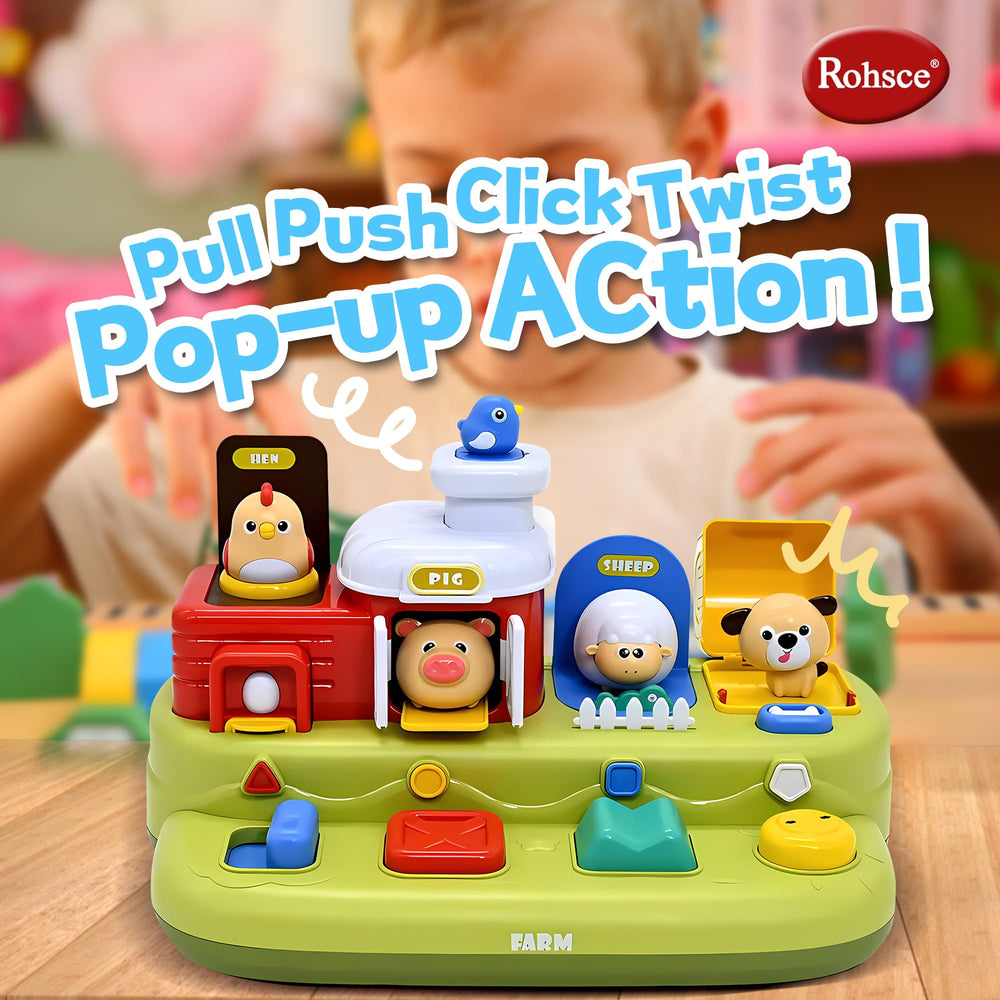 ROHSCE Baby Pop Up Toy with pig button supports color and shape recognition during playtime