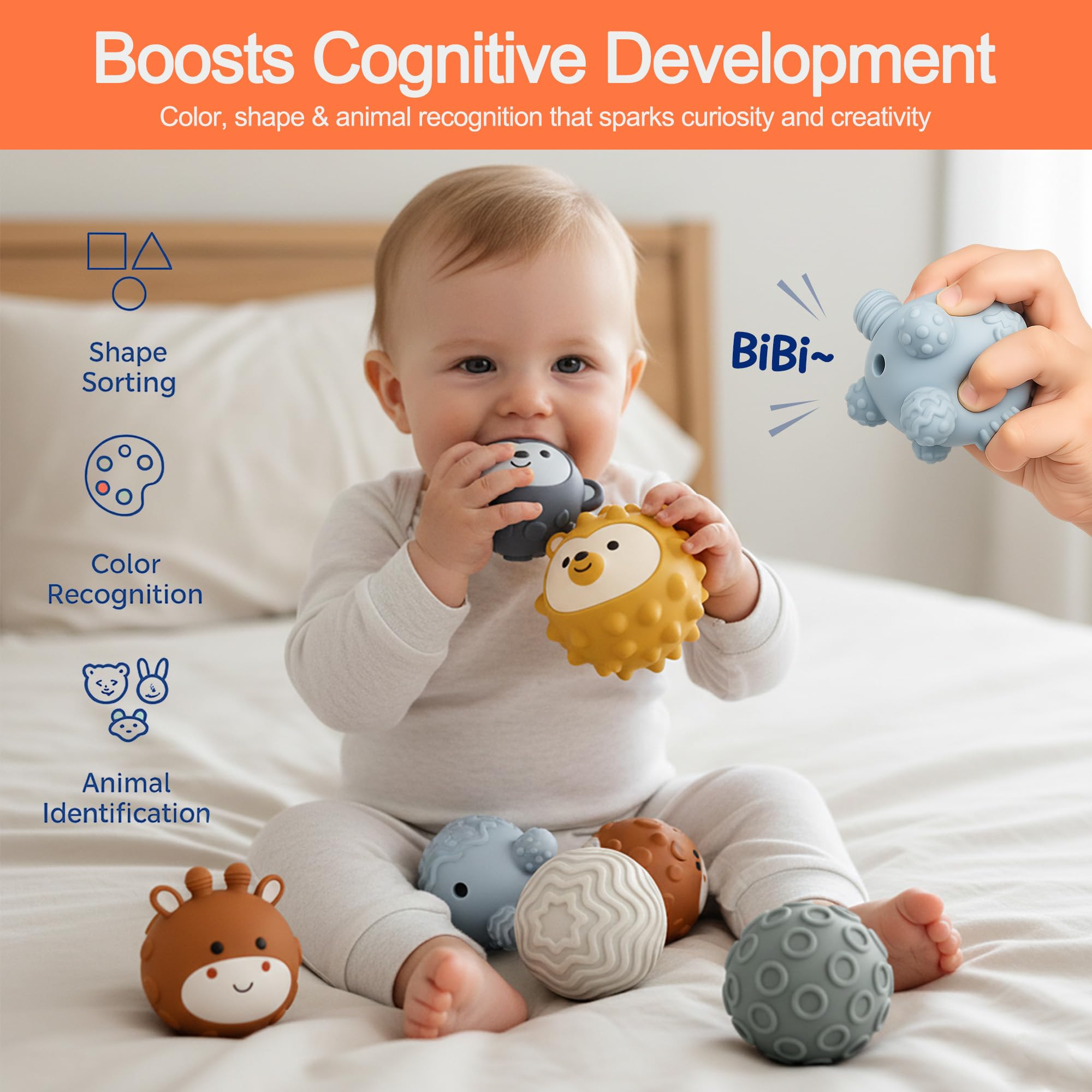 ROHSCE textured-rings ball helps with texture discrimination during playtime.