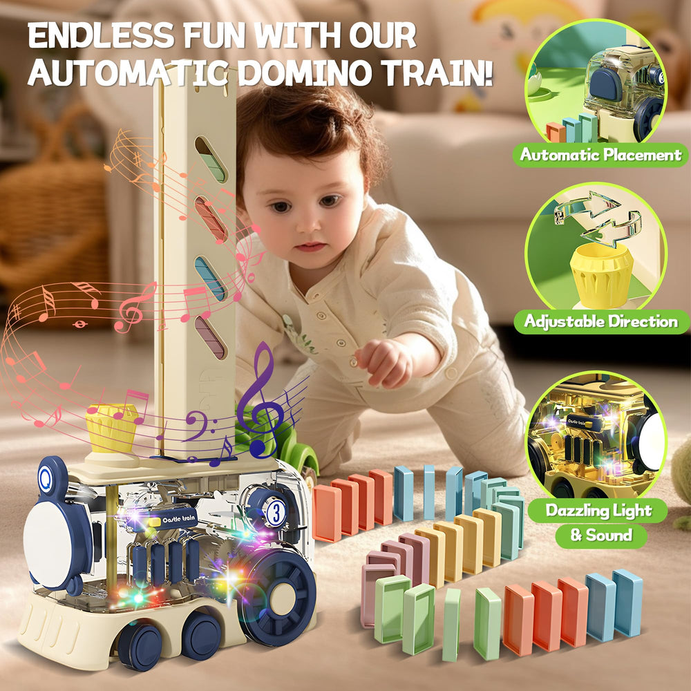 Transparent ROHSCE domino train shell reveals moving gears for exploration.
