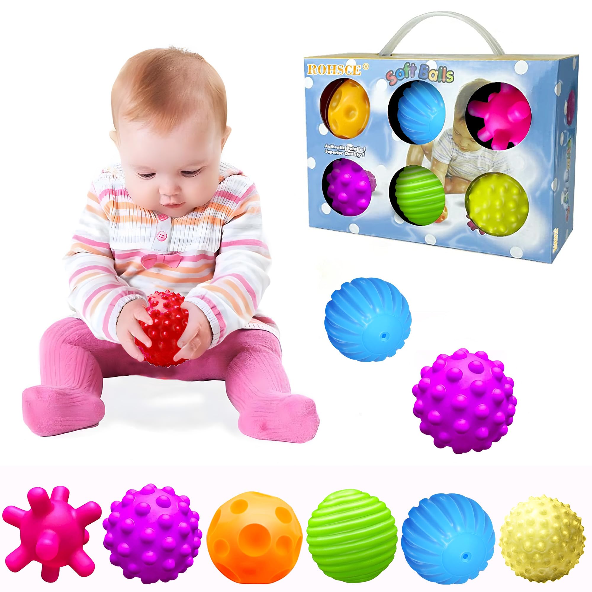 ROHSCE sensory balls in bright colors aid visual tracking and tactile exploration.