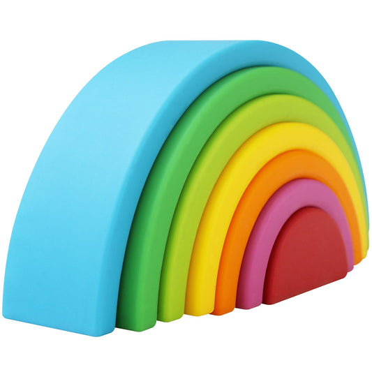 ROHSCE silicone stacking toys rainbow stack close-up shows safe, colorful play for babies.