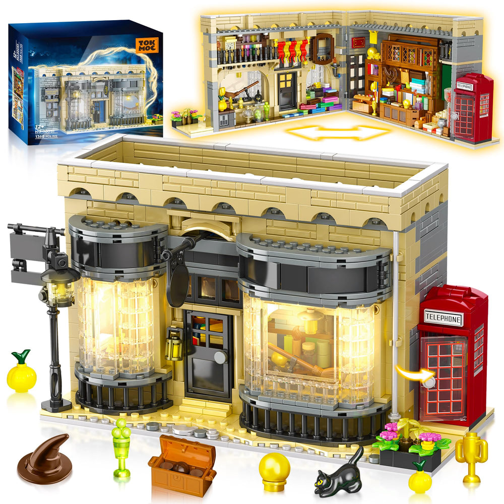 ROKAFU Magic Shop building set exterior view showcases a detailed facade perfect for display and gifting.