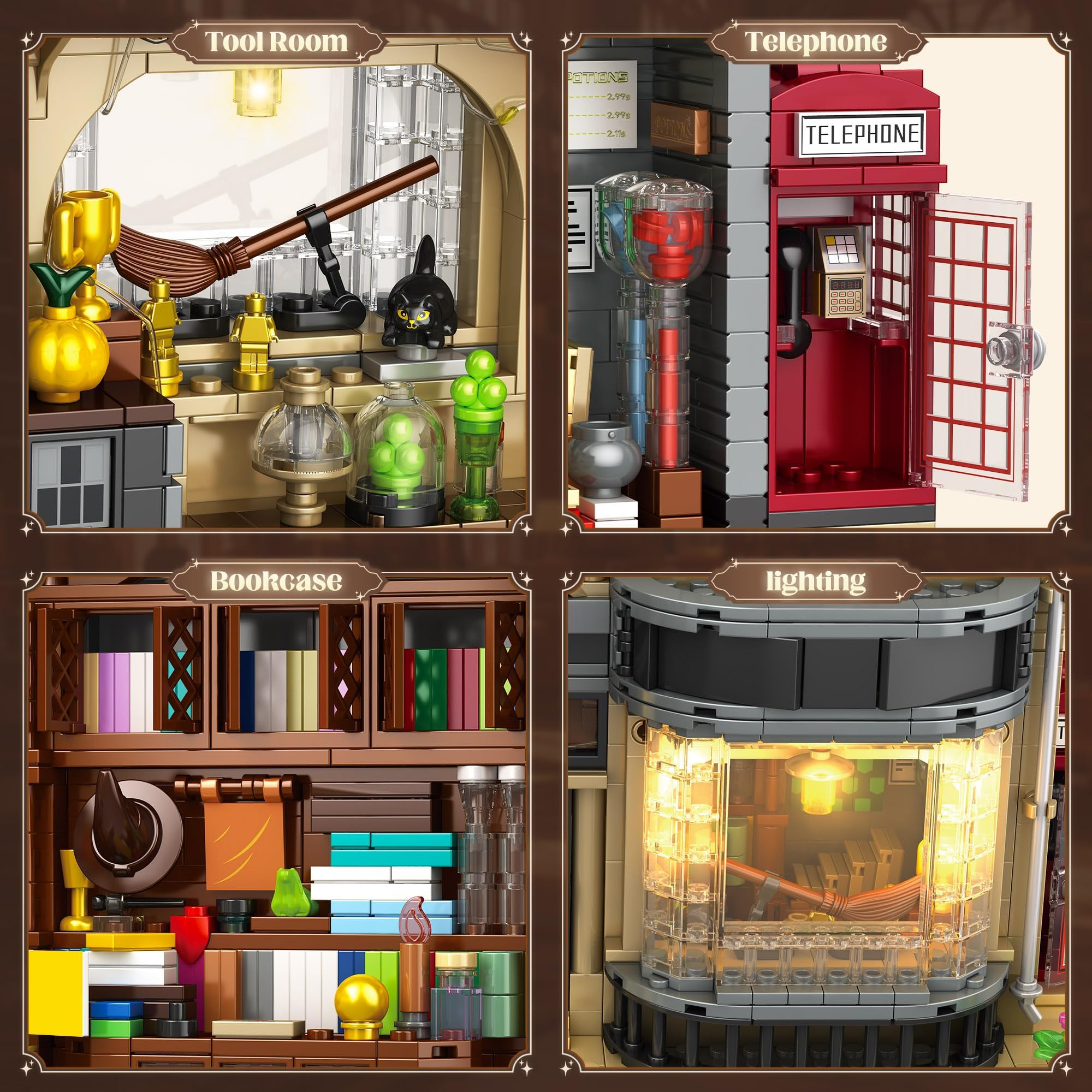ROKAFU Magic Shop building set red telephone booth stands as a charming feature for creative storytelling.