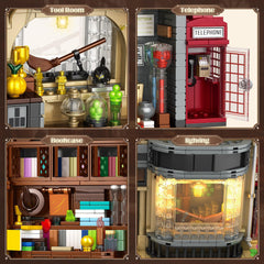 ROKAFU Magic Shop building set red telephone booth stands as a charming feature for creative storytelling.