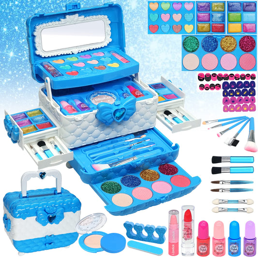 ROKKES kids makeup 57-piece kit open case with colorful cosmetics for imaginative play.