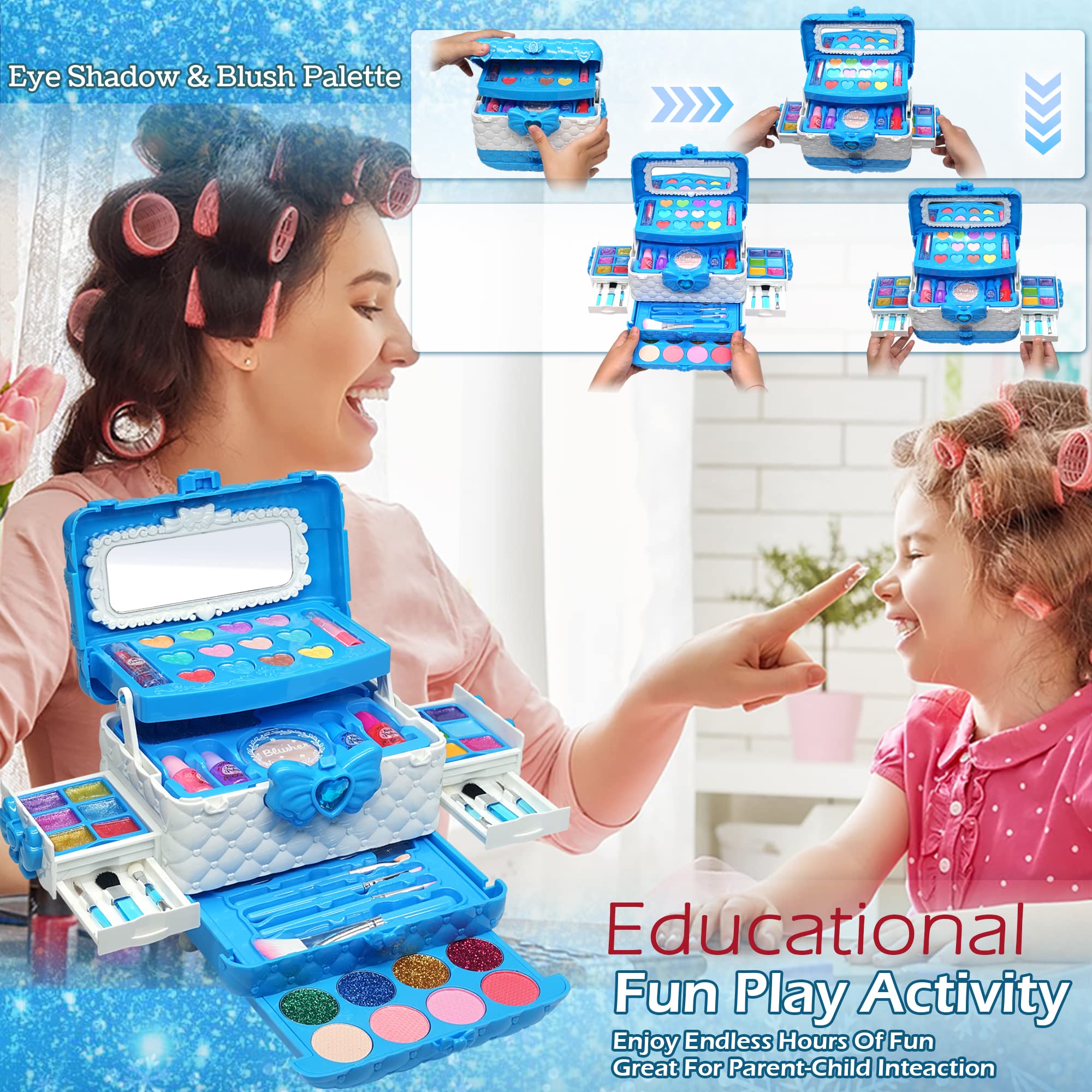 ROKKES kids makeup brushes and sponges arranged for gentle application during pretend makeup.
