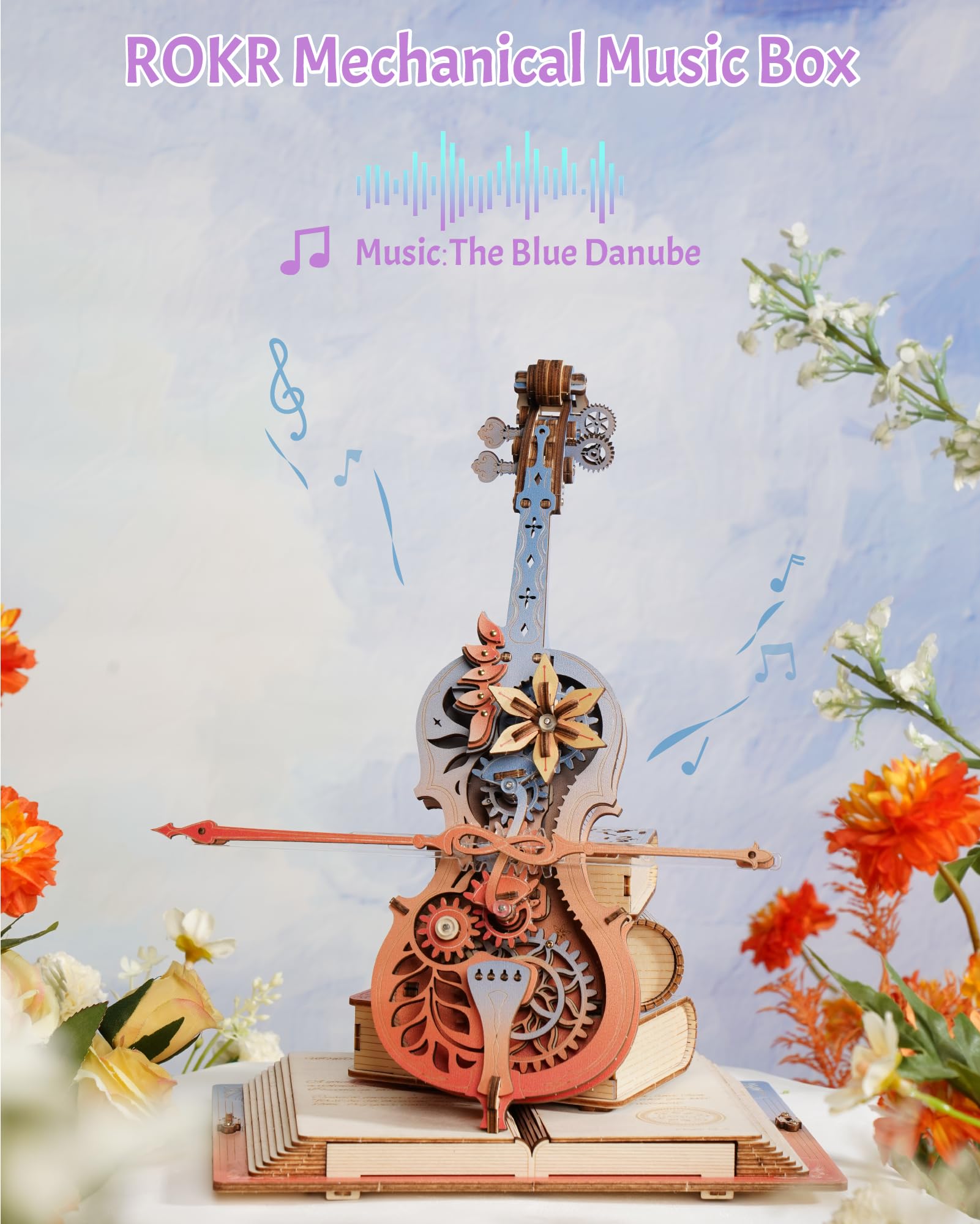 ROKR 3D cello bow gear close-up demonstrates autonomous bow movement without batteries.