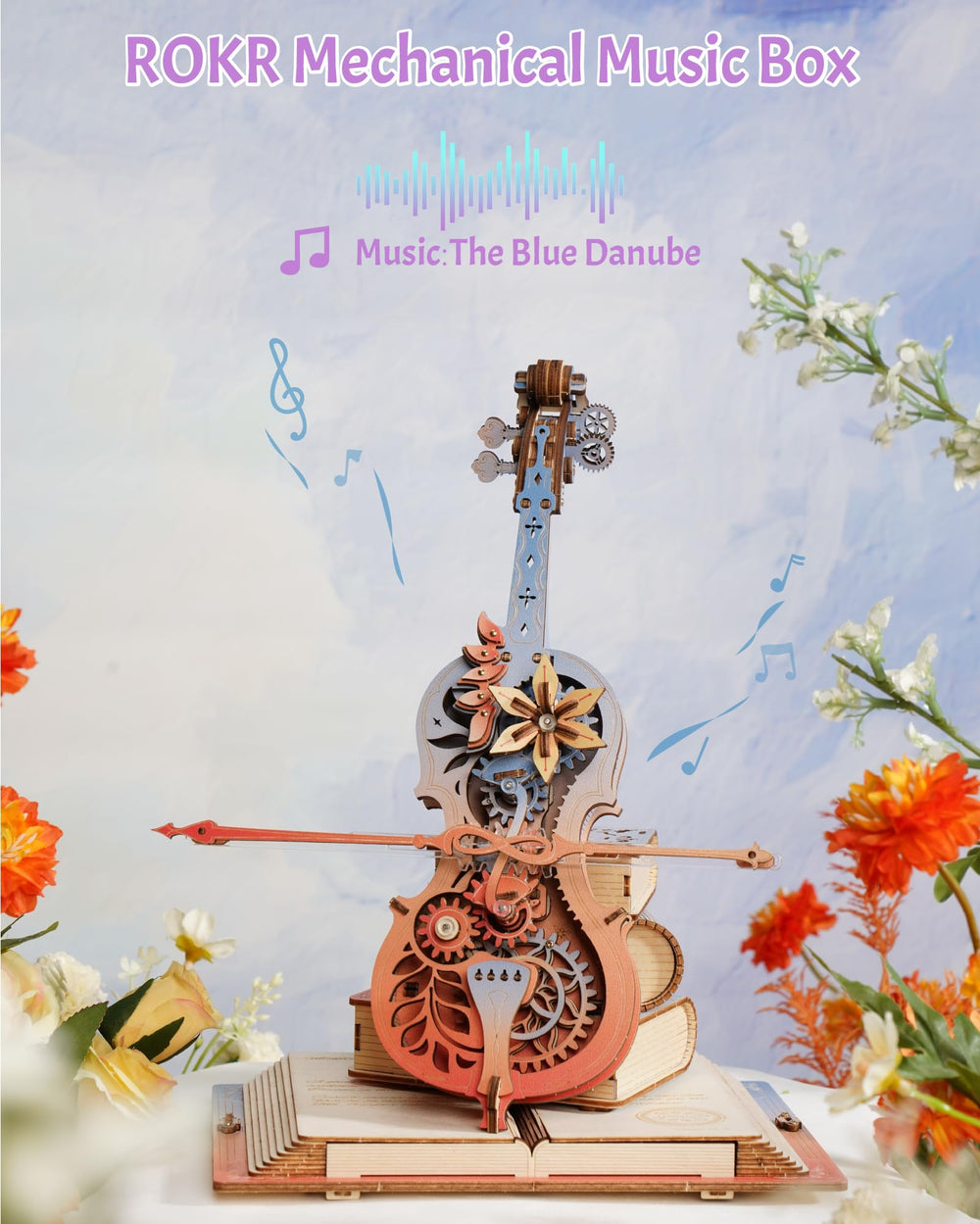 ROKR 3D cello bow gear close-up demonstrates autonomous bow movement without batteries.