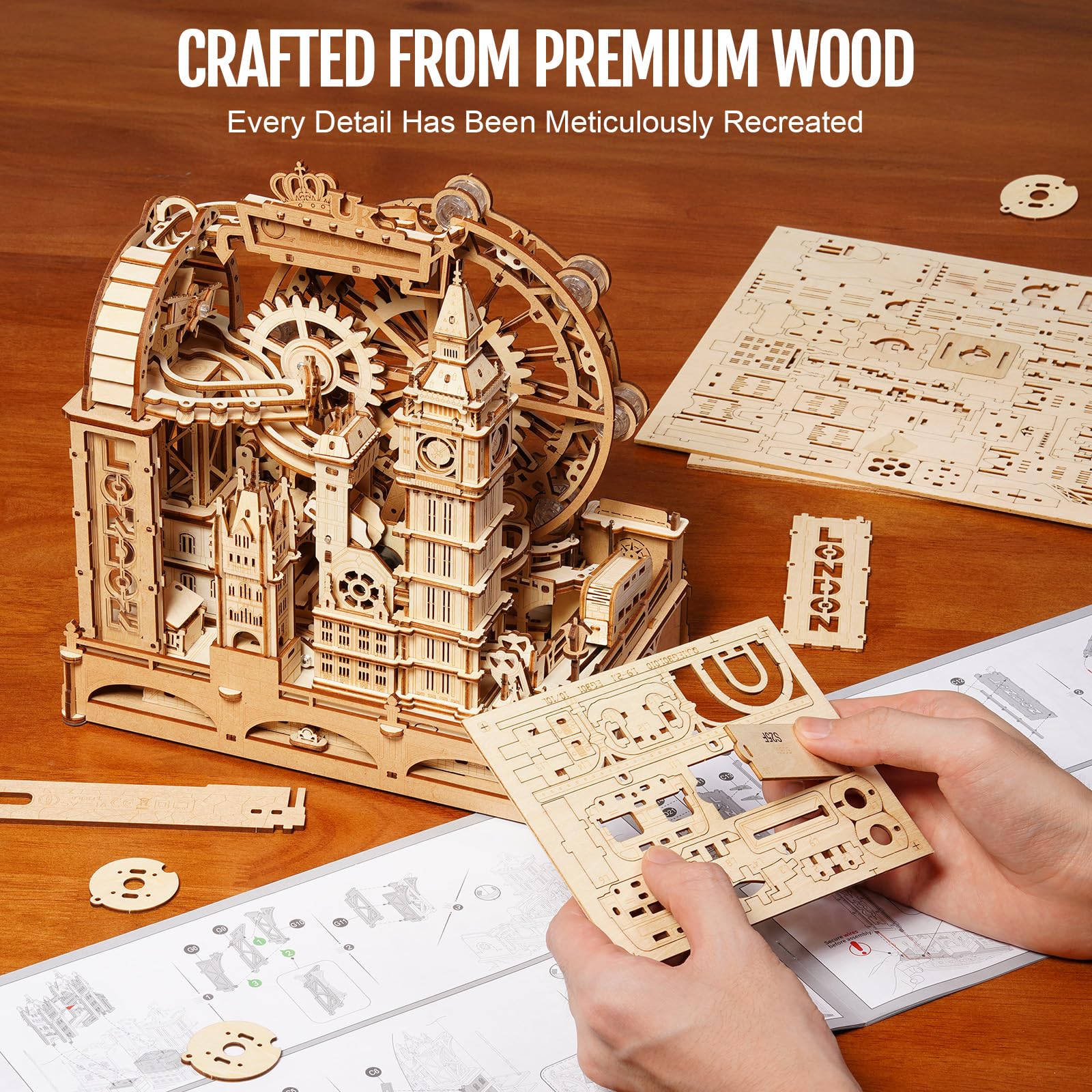 ROKR 3D puzzle laser-cut pieces ensure glue-free, sturdy joinery.