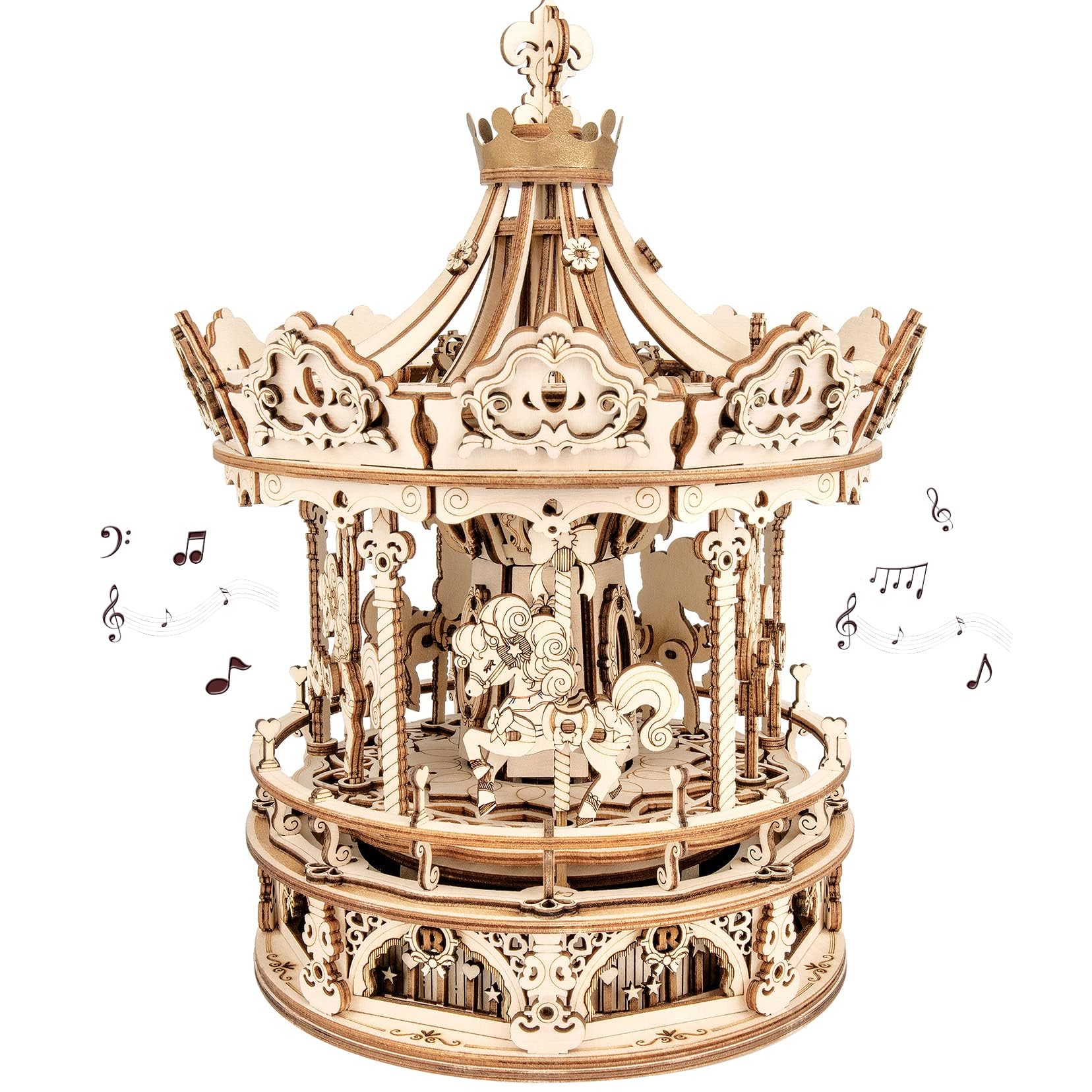 ROKR 3D puzzle merry-go-round assembly with detailed joints for a satisfying build.