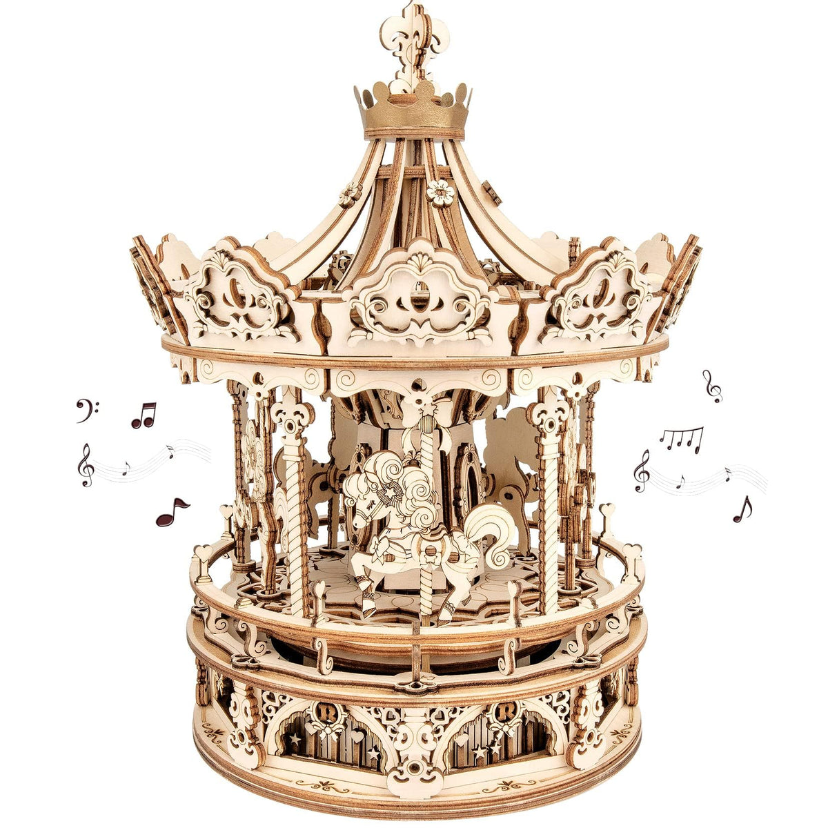 ROKR 3D puzzle merry-go-round assembly with detailed joints for a satisfying build.