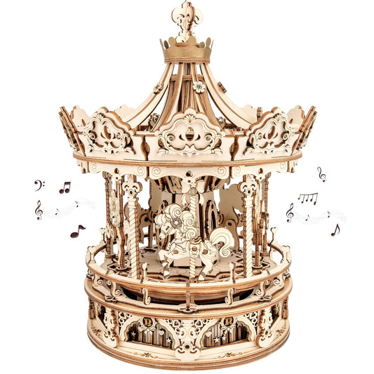 ROKR 3D puzzle merry-go-round assembly with detailed joints for a satisfying build.