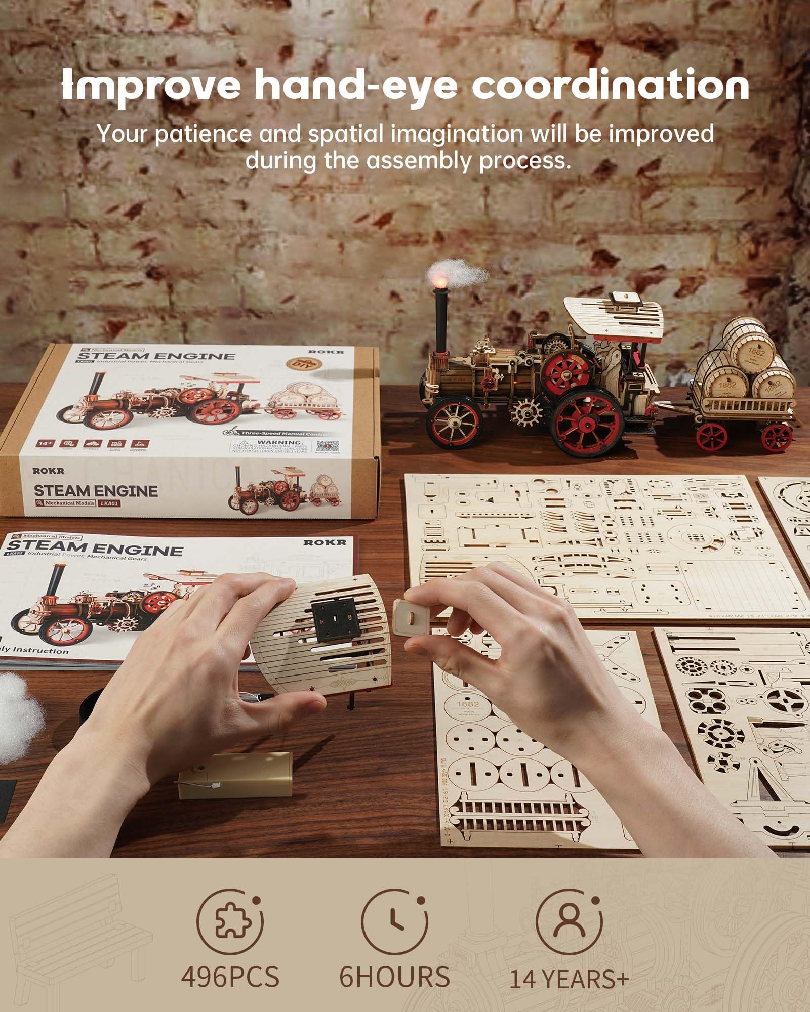 ROKR 3D puzzle battery box and wheels illustrate powering the model