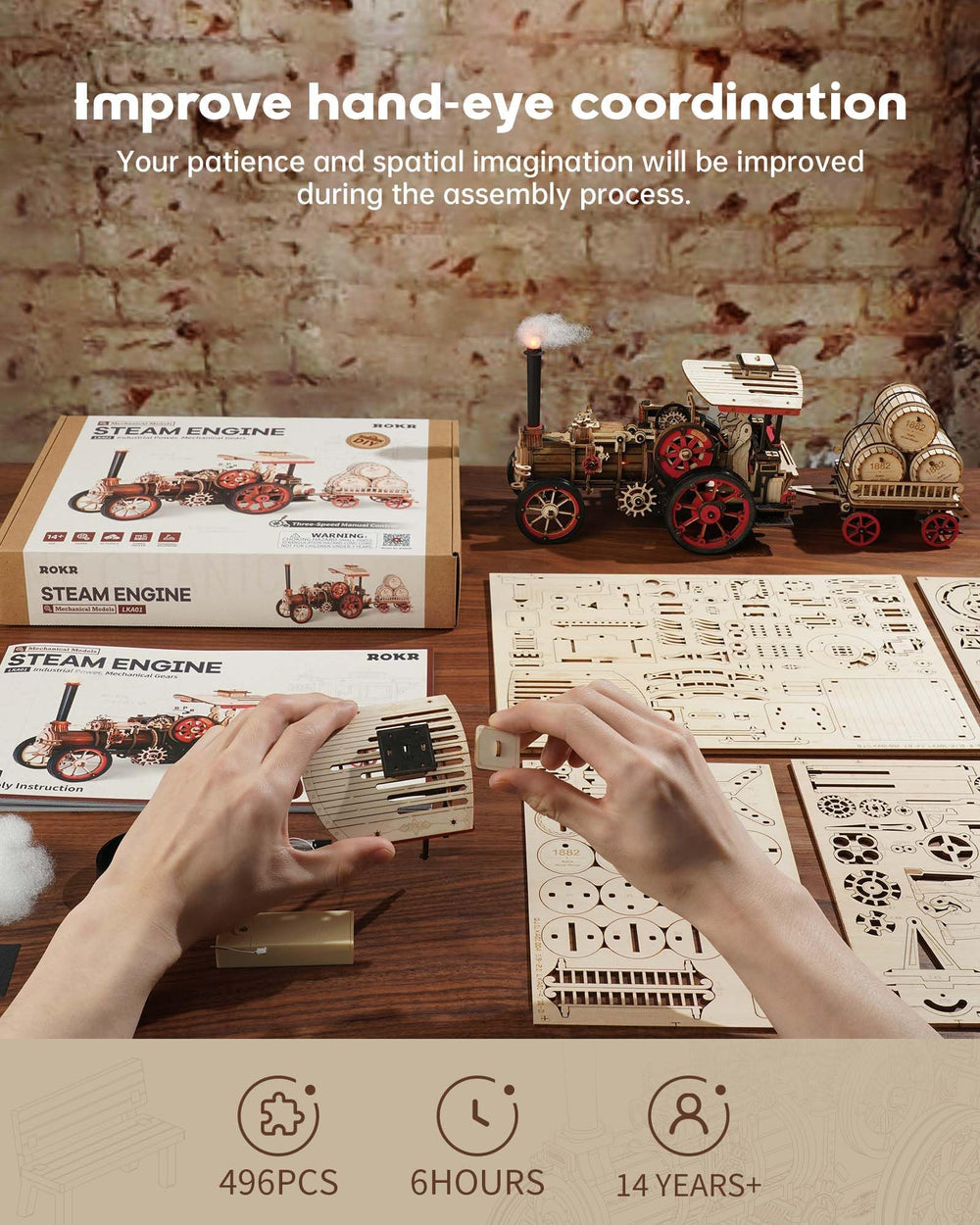 ROKR 3D puzzle battery box and wheels illustrate powering the model