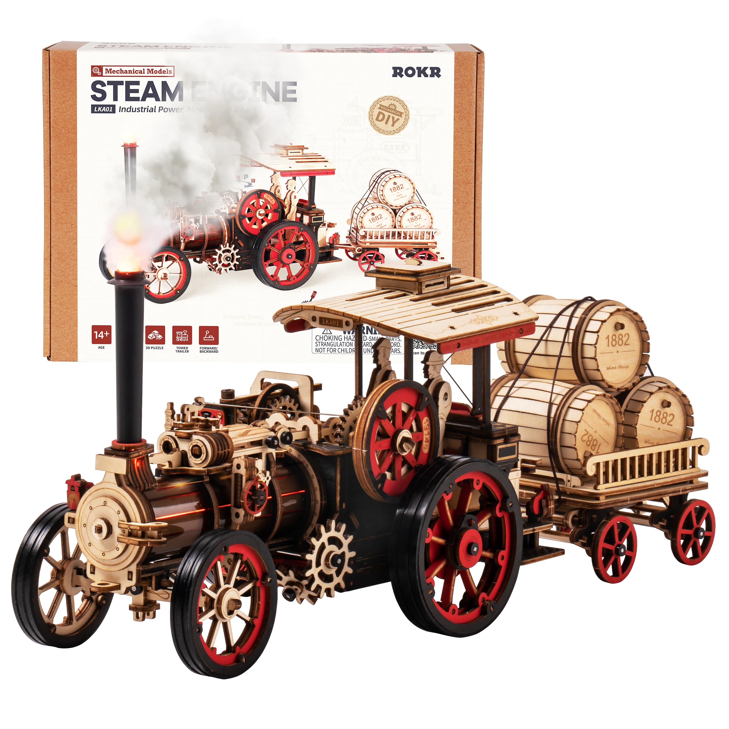 ROKR 3D puzzle vintage steam engine body shows detailed wooden craftsmanship for adults