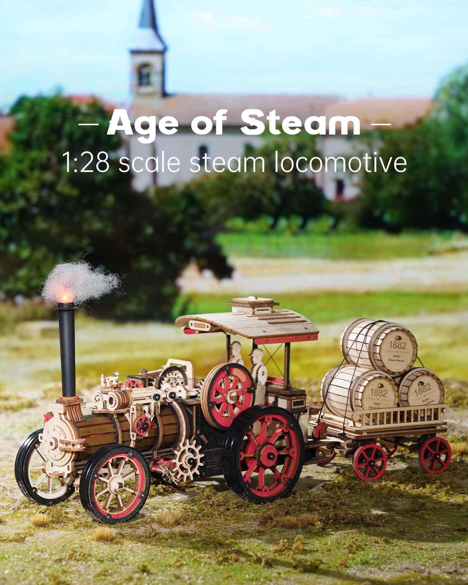 ROKR 3D puzzle vintage steam engine trailer highlights modular build and display