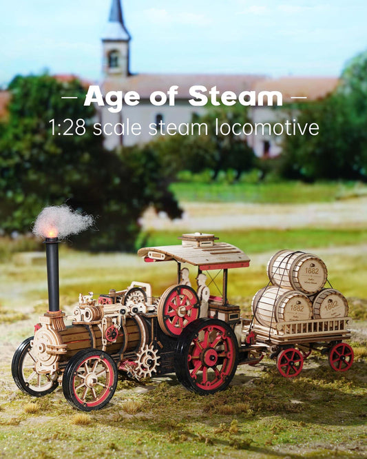 ROKR 3D puzzle vintage steam engine trailer highlights modular build and display