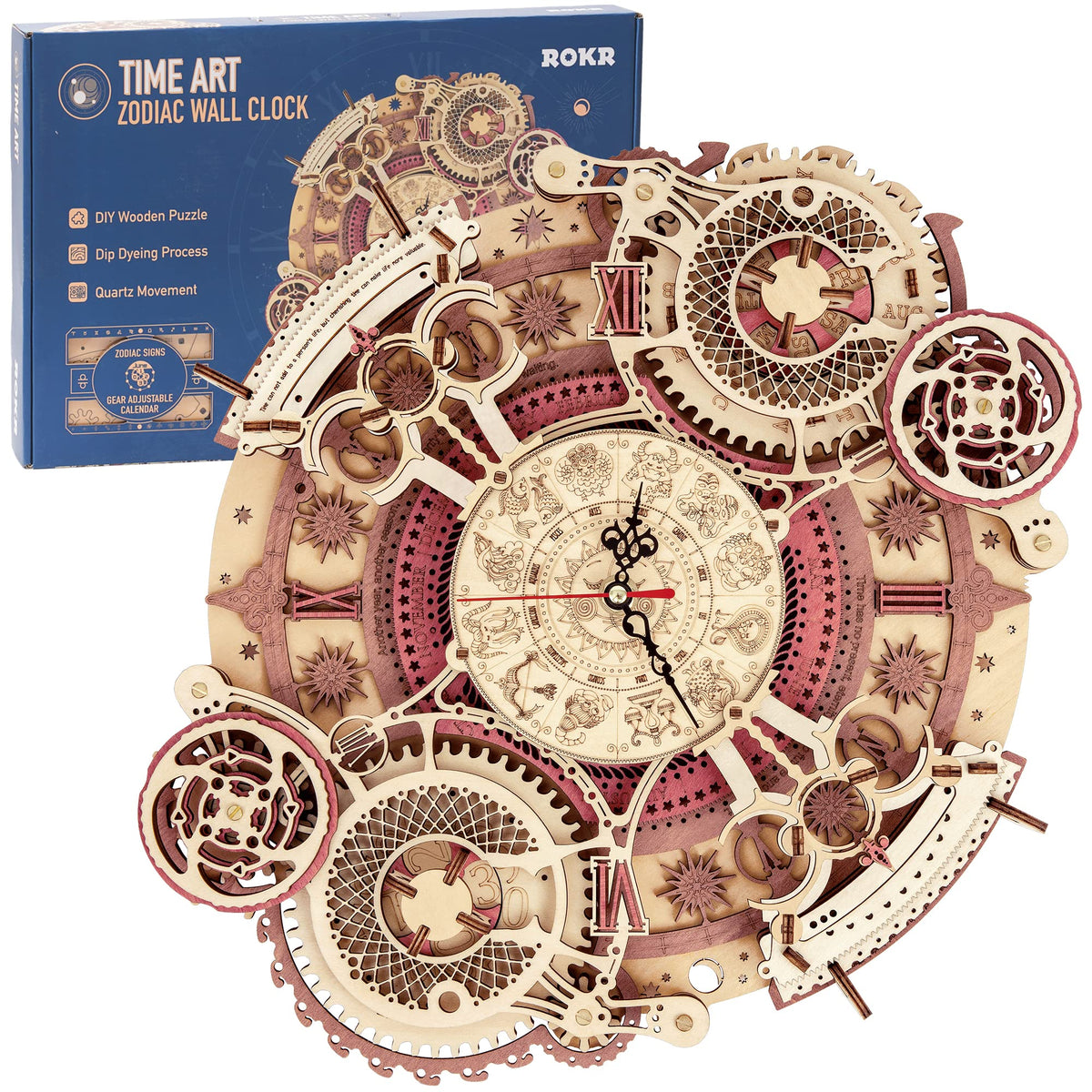 ROKR 3D wooden clock kit front view highlights detailed layers for retro home decor