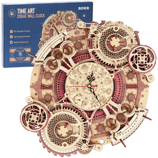 ROKR 3D wooden clock kit front view highlights detailed layers for retro home decor