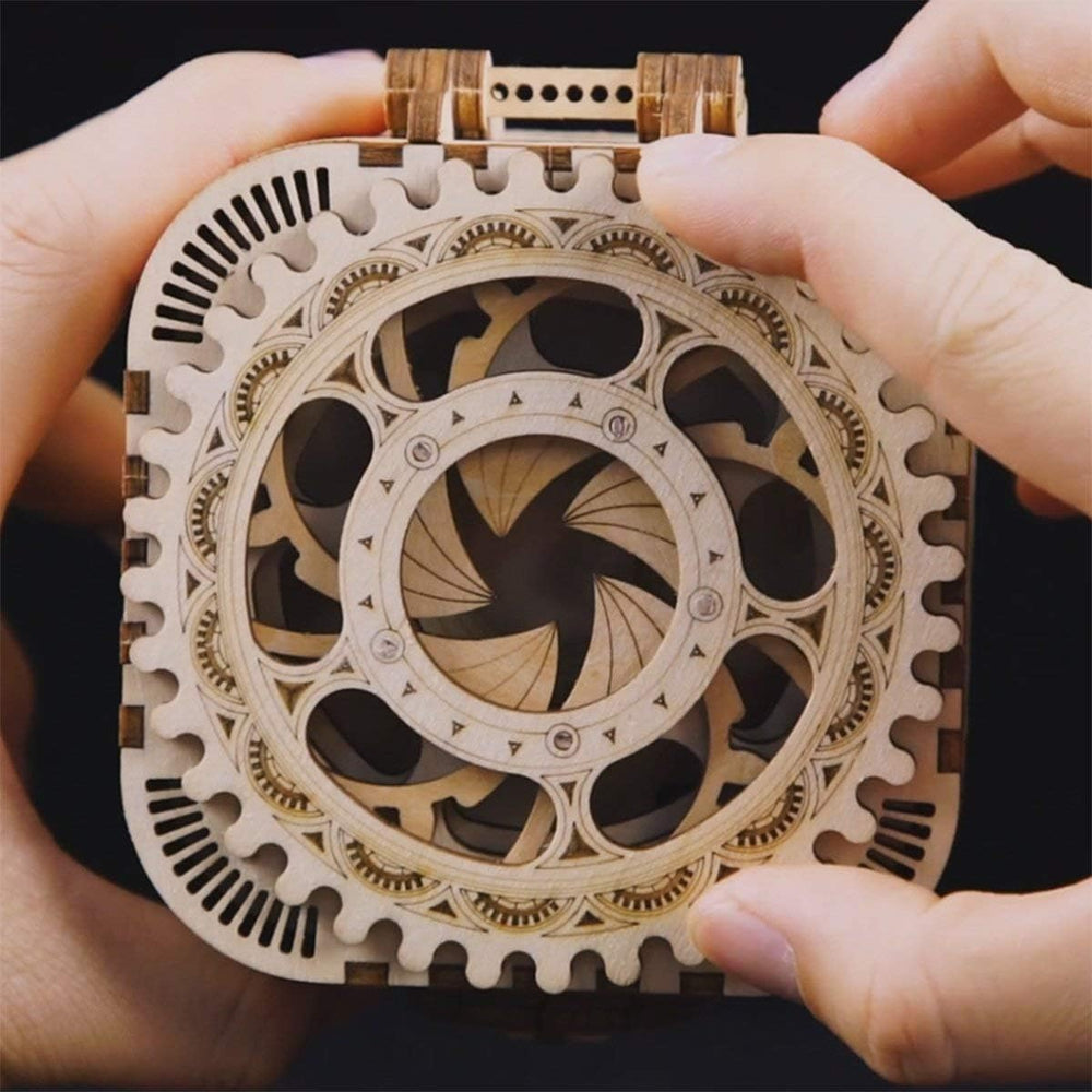 ROKR 3D wooden puzzle box bottom engraving detailing how to enter digits to open.