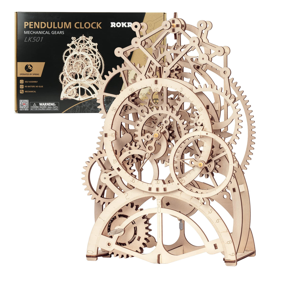 rokr 3d wooden clock puzzle front view reveals intricate gears for captivating display