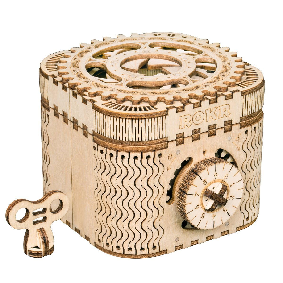 ROKR 3D wooden puzzle box front knob for password entry and secure storage.