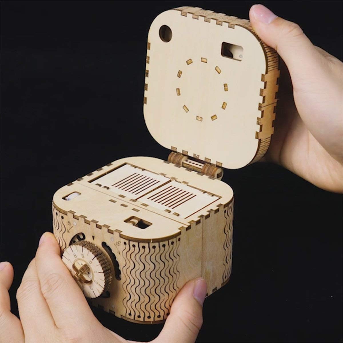 ROKR 3D wooden puzzle box inside tray for a small keepsake or surprise.